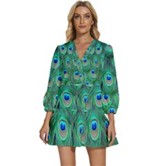 Feather, Bird, Pattern, Peacock, Texture V-neck Placket Mini Dress