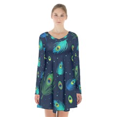 Feather, Bird, Pattern, Long Sleeve Velvet V-neck Dress