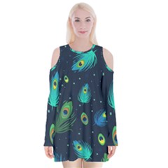 Feather, Bird, Pattern, Velvet Long Sleeve Shoulder Cutout Dress