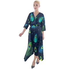 Feather, Bird, Pattern, Quarter Sleeve Wrap Front Maxi Dress