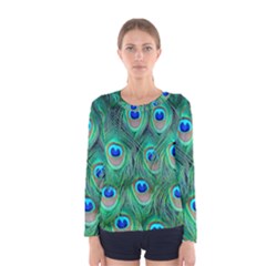 Peacock Feathers, Bonito, Bird, Blue, Colorful, Feathers Women s Long Sleeve T-shirt