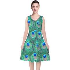 Peacock Feathers, Bonito, Bird, Blue, Colorful, Feathers V-neck Midi Sleeveless Dress 