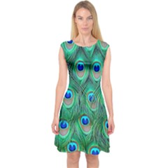 Peacock Feathers, Bonito, Bird, Blue, Colorful, Feathers Capsleeve Midi Dress