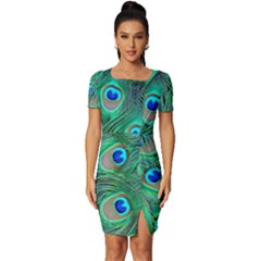 Peacock Feathers, Bonito, Bird, Blue, Colorful, Feathers Fitted Knot Split End Bodycon Dress