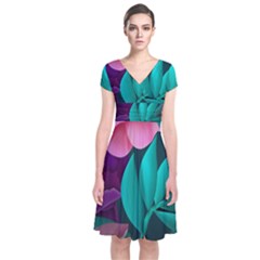 Eaves, Mate, Pink, Purple, Stock Wall Short Sleeve Front Wrap Dress