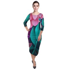 Eaves, Mate, Pink, Purple, Stock Wall Quarter Sleeve Midi Velour Bodycon Dress