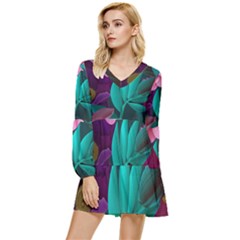 Eaves, Mate, Pink, Purple, Stock Wall Tiered Long Sleeve Mini Dress