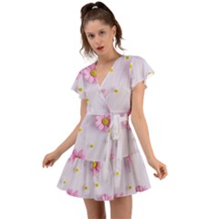 Springpurple Flower On A Purple Background Flutter Sleeve Wrap Dress