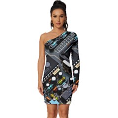 Motherboard Board Circuit Electronic Technology Long Sleeve One Shoulder Mini Dress by Cemarart