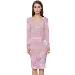 Pink Aesthetic, Clouds, Cute, Glitter, Hello Kitty, Pastel, Soft Long Sleeve V-neck Bodycon Dress 