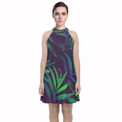 Tree Leaves Velvet Halter Neckline Dress 