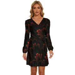Amoled Red N Black Long Sleeve Waist Tie Ruffle Velvet Dress