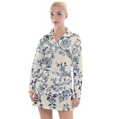 Blue Vintage Background, Blue Roses Patterns Women s Long Sleeve Casual Dress