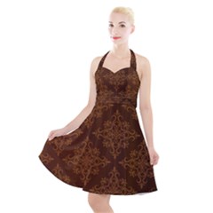 Brown Floral Pattern Floral Vintage Pattern, Brown Vintage Halter Party Swing Dress 