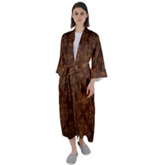 Brown Floral Pattern Floral Vintage Pattern, Brown Vintage Maxi Satin Kimono