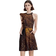 Gold, Golden Background Cocktail Party Halter Sleeveless Dress With Pockets