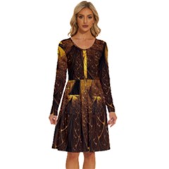 Gold, Golden Background Long Sleeve Dress With Pocket