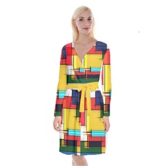 Multicolored Retro Abstraction, Lines Retro Background, Multicolored Mosaic Long Sleeve Velvet Front Wrap Dress