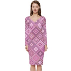 Pink Retro Texture With Rhombus, Retro Backgrounds Long Sleeve V-neck Bodycon Dress 