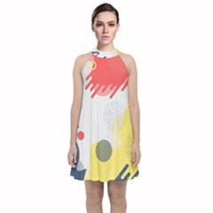 Red White Blue Retro Background, Retro Abstraction, Colored Retro Background Velvet Halter Neckline Dress 