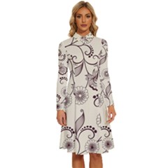 Retro Floral Texture, Light Brown Retro Background Long Sleeve Shirt Collar A-line Dress