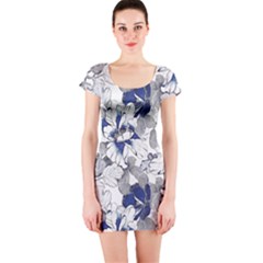Retro Texture With Blue Flowers, Floral Retro Background, Floral Vintage Texture, White Background W Short Sleeve Bodycon Dress
