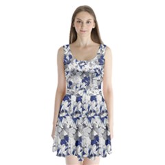 Retro Texture With Blue Flowers, Floral Retro Background, Floral Vintage Texture, White Background W Split Back Mini Dress 