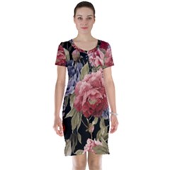 Retro Texture With Flowers, Black Background With Flowers Short Sleeve Nightdress