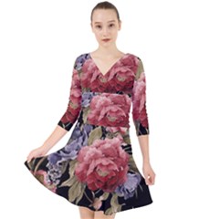 Retro Texture With Flowers, Black Background With Flowers Quarter Sleeve Front Wrap Dress