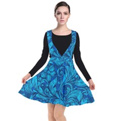 Blue Floral Pattern Texture, Floral Ornaments Texture Plunge Pinafore Dress