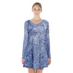 Blue Grunge Texture, Wall Texture, Blue Retro Background Long Sleeve Velvet V-neck Dress