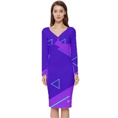 Purple Geometric Abstraction, Purple Neon Background Long Sleeve V-neck Bodycon Dress 