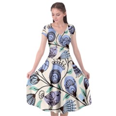 Retro Texture With Birds Cap Sleeve Wrap Front Dress