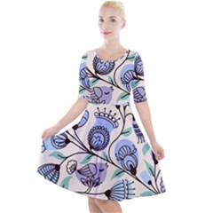 Retro Texture With Birds Quarter Sleeve A-line Dress
