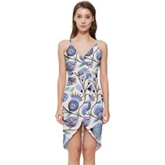 Retro Texture With Birds Wrap Frill Dress