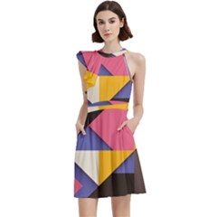 Retro Colorful Background, Geometric Abstraction Cocktail Party Halter Sleeveless Dress With Pockets