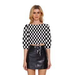 Black White Checker Pattern Checkerboard Mid Sleeve Drawstring Hem Top