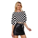 Black White Checker Pattern Checkerboard Mid Sleeve Drawstring Hem Top View3