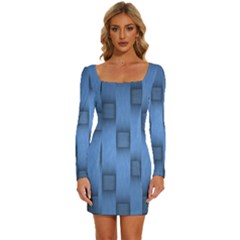 Blue Pattern Texture Long Sleeve Square Neck Bodycon Velvet Dress