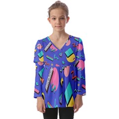 Geometric Shapes Material Design, Lollipop, Lines Kids  V Neck Casual Top