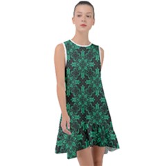 Green Damask Pattern Vintage Floral Pattern, Green Vintage Frill Swing Dress