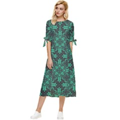 Green Damask Pattern Vintage Floral Pattern, Green Vintage Bow Sleeve Chiffon Midi Dress