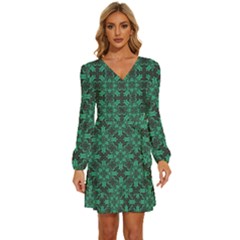 Green Damask Pattern Vintage Floral Pattern, Green Vintage Long Sleeve Waist Tie Ruffle Velvet Dress