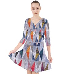 Mosaic, Colorful, Rhombuses, Pattern, Geometry Quarter Sleeve Front Wrap Dress