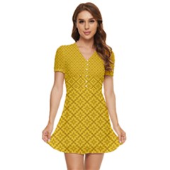 Yellow Floral Pattern Vintage Pattern, Yellow Background V-neck High Waist Chiffon Mini Dress