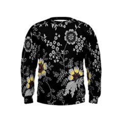 Black Background With Gray Flowers, Floral Black Texture Kids  Sweatshirt