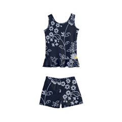 Black Background With Gray Flowers, Floral Black Texture Kids  Boyleg Swimsuit