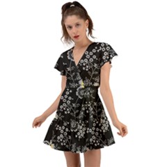 Black Background With Gray Flowers, Floral Black Texture Flutter Sleeve Wrap Dress