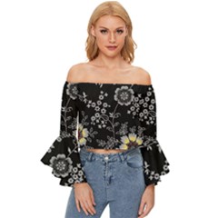 Black Background With Gray Flowers, Floral Black Texture Off Shoulder Flutter Bell Sleeve Top