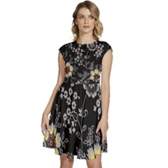 Black Background With Gray Flowers, Floral Black Texture Cap Sleeve High Waist Dress